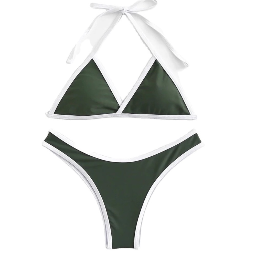 Womens Size small Two Piece Brazilian Triangle Bikini Swimsuit Set Army Green